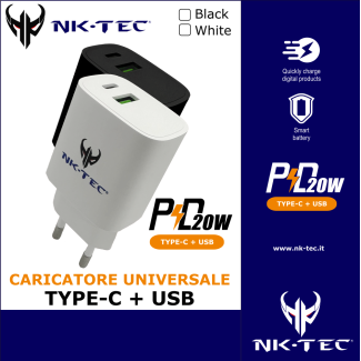 Caricatore Universale Fast Charge TYPE-C + USB 20W Black